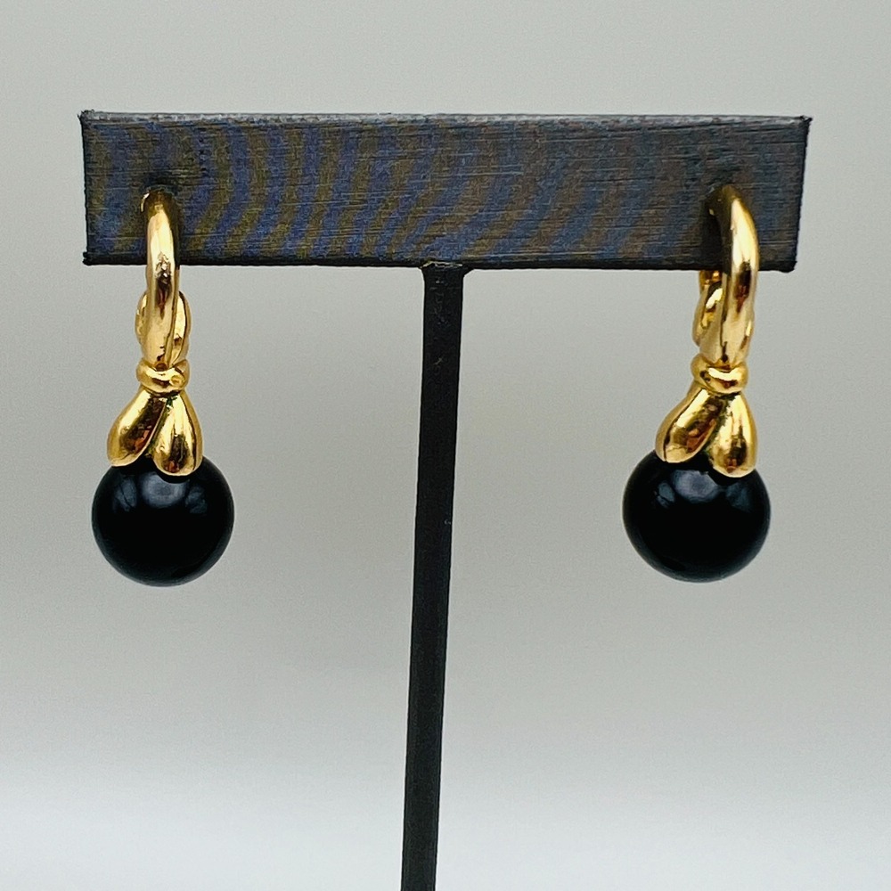 Vintage Gold Tone Black Bead Drop Earrings Classic Elegantβ Dangle Statement